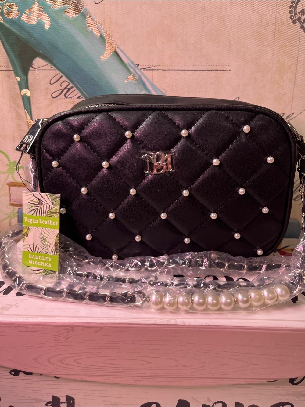 Badgley Mischka Black Quilted Crossbody with Pearl Accents